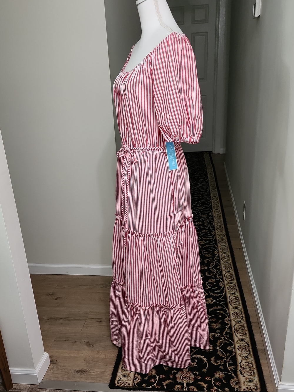 DRAPER JAMES RSVP Puff Sleeve Tiered Maxi Dress Red White Striped Size Medium - Picture 6 of 16